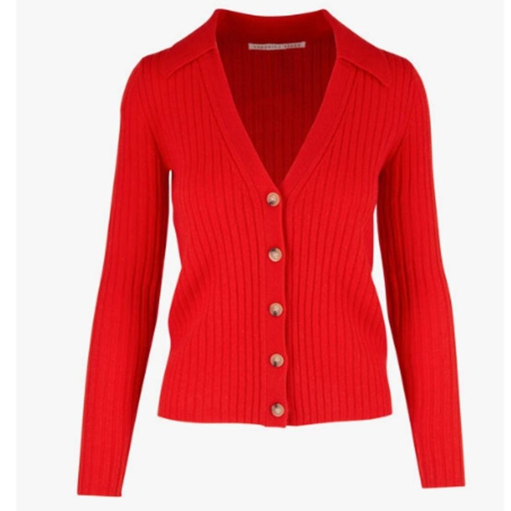 Veronica Beard Red Cashmere Lazana Cardigan Ribbed V-Neck Sweater Small - Picture 1 of 9